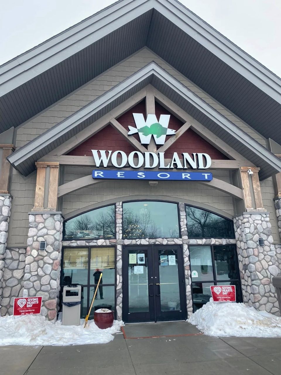 Stone and timber entrance to Woodland Resort's main lodge