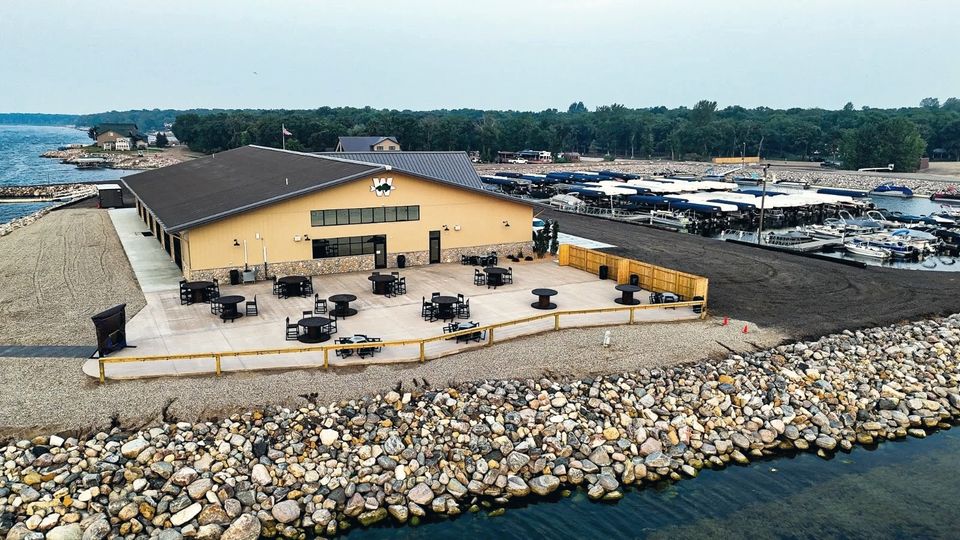 Aerial view of The Shores Event Center beside the marina on Devils Lake